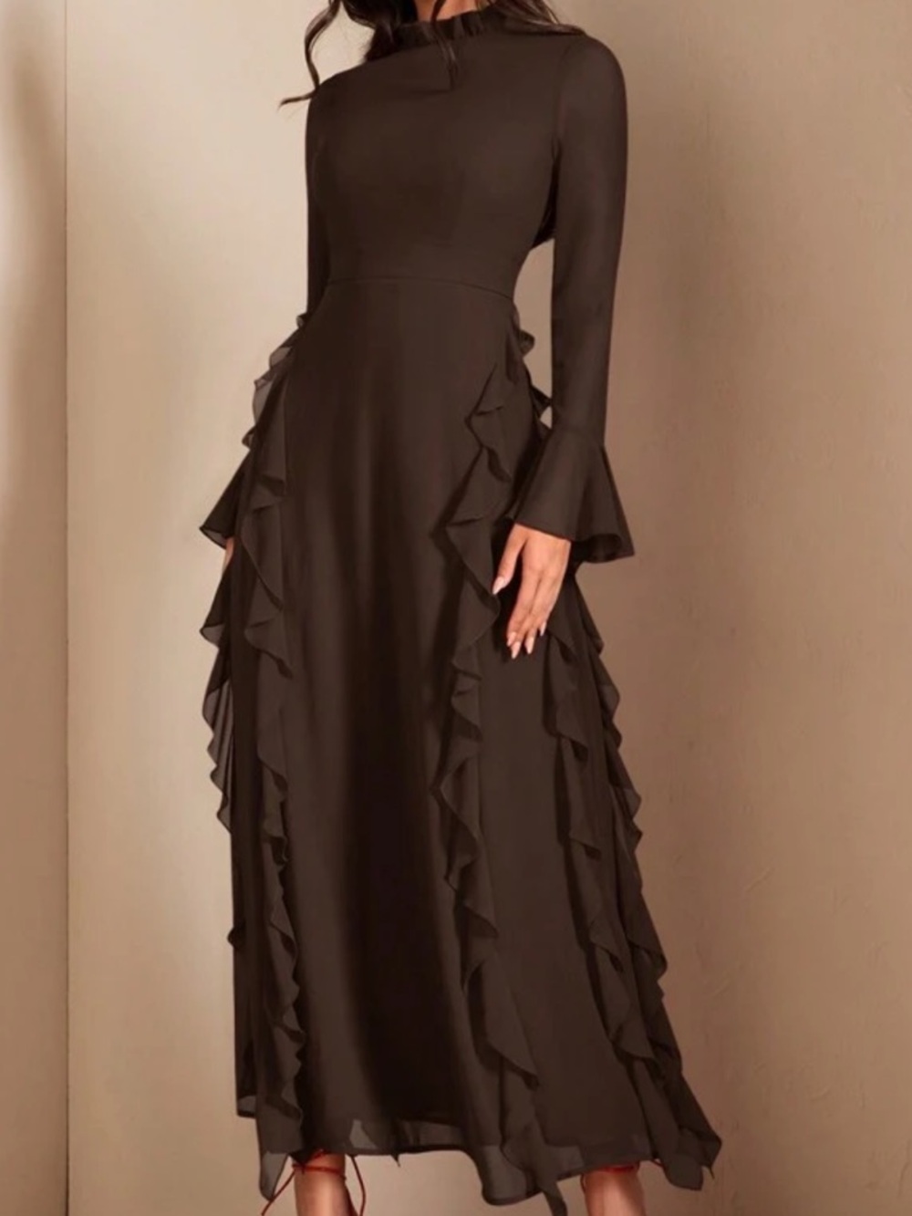 Elegant Long-Sleeve Ruffle Maxi Dress - Dark Brown